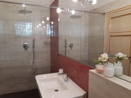 a bathroom with a sink and a shower and a mirror at Villa Magnolia Park in Pisa