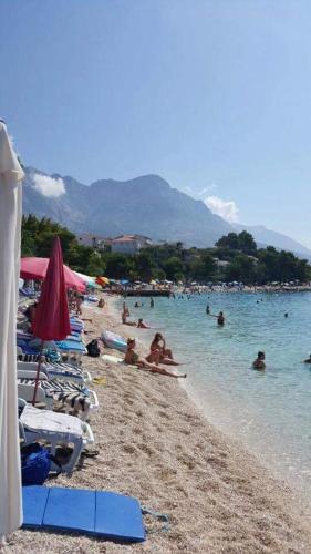 a group of people swimming in the water on a beach at Apartmani Nikola in Baška Voda