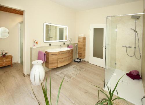 uma casa de banho com uma banheira, um lavatório e um chuveiro em Ferienwohnung Am Schildautal-mit Gartenlounge & WLAN em Seesen