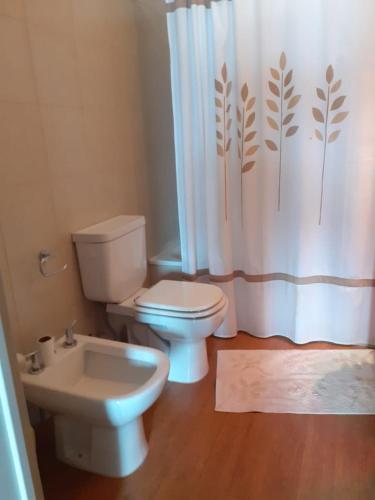 a bathroom with a toilet and a sink and a shower curtain at Maqui Departamentos in San Carlos de Bariloche