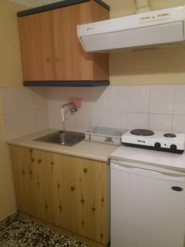 a kitchen with a sink and a stove at To Kyma-Afoi Roussou in Rovies