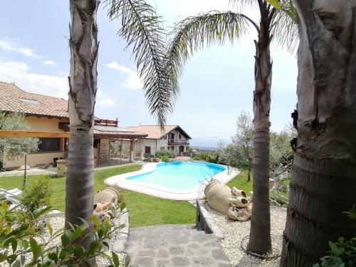 una piscina en un patio con palmeras en Etna Winery, en Zafferana Etnea