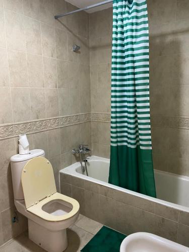 baño con aseo y cortina de ducha verde en Apartamento Adimar en San Luis de Sabinillas