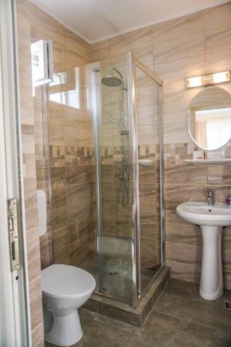 a bathroom with a shower and a toilet and a sink at Vila Gladiola in Eforie Nord