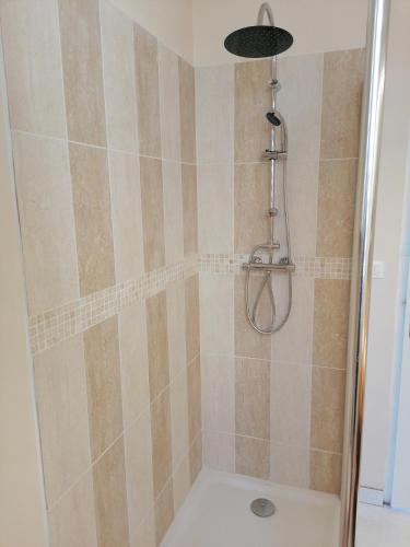 une douche avec pommeau de douche dans une salle de bain dans l'établissement Au Thiernois, à Thiers