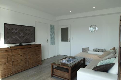 ein Wohnzimmer mit einem Sofa und einem Flachbild-TV in der Unterkunft Apartment Fabry Riva Ploče in Ploče