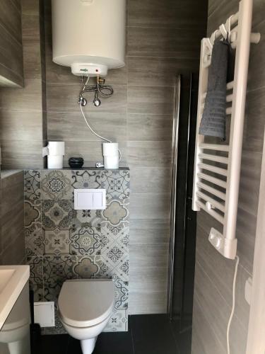 a small bathroom with a toilet and a sink at Sunsar in Sarbinowo