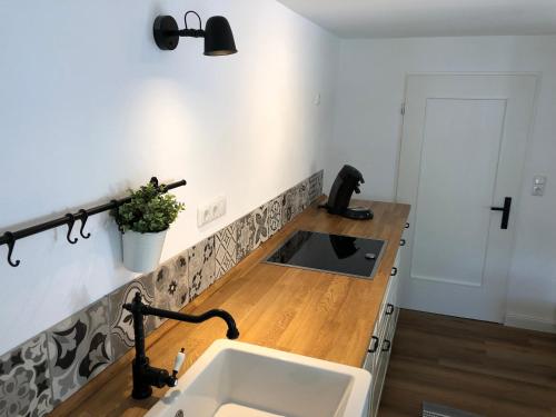 a kitchen with a sink and a counter top at Ferienhaus im Fichtelgebirge in Nagel