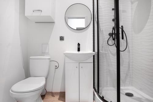 a bathroom with a toilet and a sink and a shower at Revolution Aparts - Rewolucji 27 in Łódź
