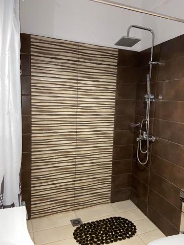 a shower with a glass door in a bathroom at Barbie-House in Kalabaka