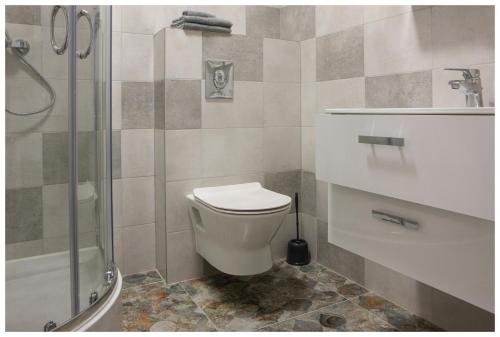 a bathroom with a toilet and a shower at Pokoje na wynajem in Gdańsk