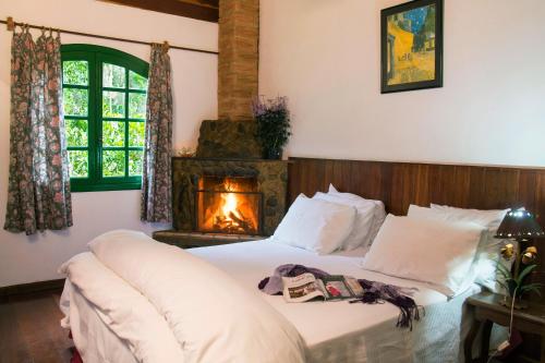 1 dormitorio con 1 cama y chimenea en Pousada no Caminho do Marimbondo, en Visconde De Maua