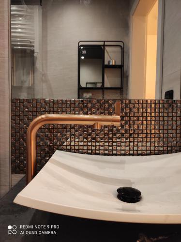 ein Bad mit einem Waschbecken und einem Spiegel in der Unterkunft Apartament Loftowy Wypoczynek GoldAir in Posen