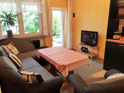 a living room with a couch and a table and a television at Ferienwohnung Petronela in Waren