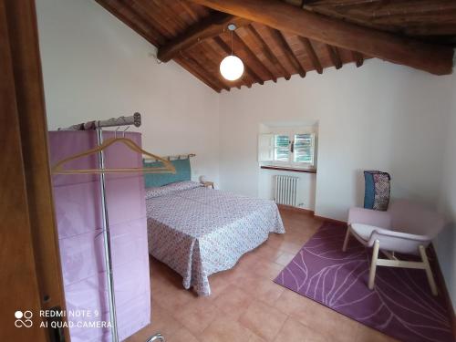 1 dormitorio con cama y alfombra morada en La terrazza del vecchio Mulino, en SantʼAndrea di Compito