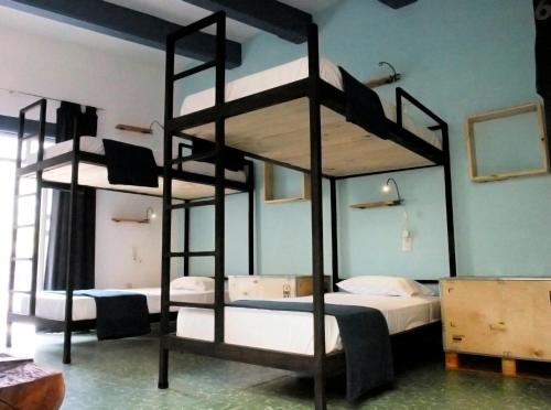 two bunk beds in a room with blue walls at Blue Bicycle House in Querétaro