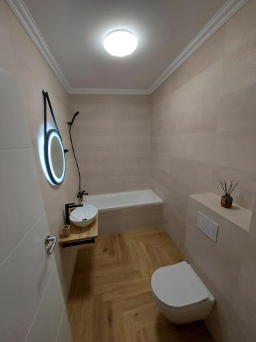 a bathroom with a toilet and a sink and a mirror at Panoramic Apartments Oradea in Oradea