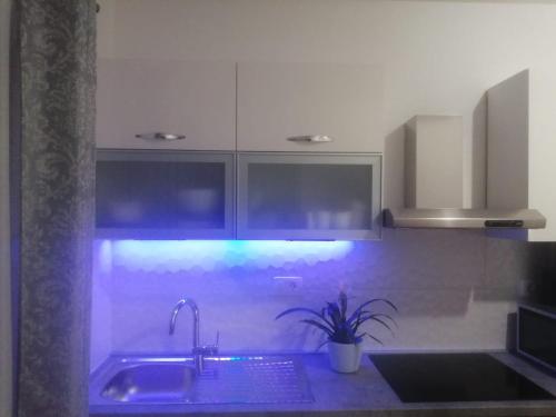 kuchnia ze zlewem i blatem z niebieskimi lampkami w obiekcie Seaview Holiday Apartments, Ventura Nin w Nin
