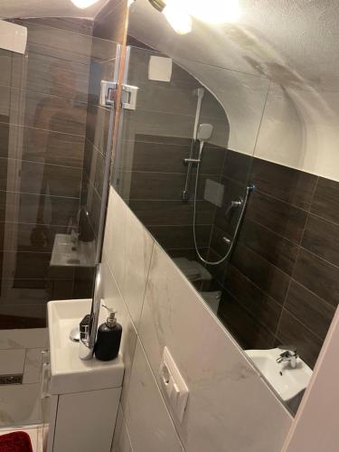 uma casa de banho com um chuveiro, um lavatório e um espelho. em Mory&Clary Cave Palese Airport em Bari Palese