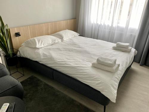 a bed with towels on it in a bedroom at Caсtus Apartments 1 in Ivano-Frankivsk