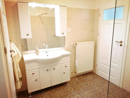 a bathroom with a white sink and a mirror at Elisoria Apartments in Cserszegtomaj