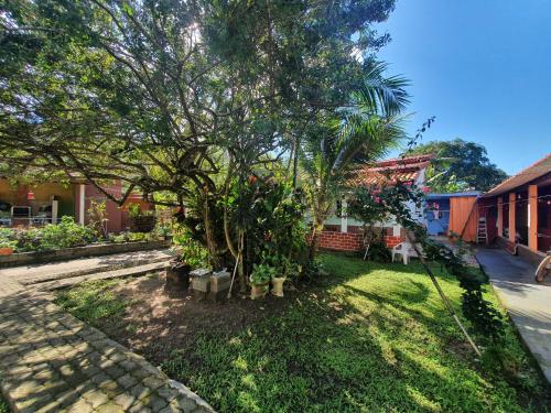 a yard with a palm tree in front of a house at Recanto do Paraiso in Peruíbe
