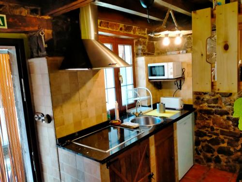 a small kitchen with a sink and a microwave at Casa con encanto in Aller