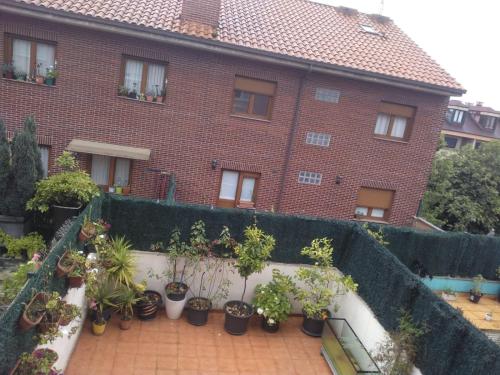 a balcony of a brick building with potted plants at Casa Pimen in Gijón