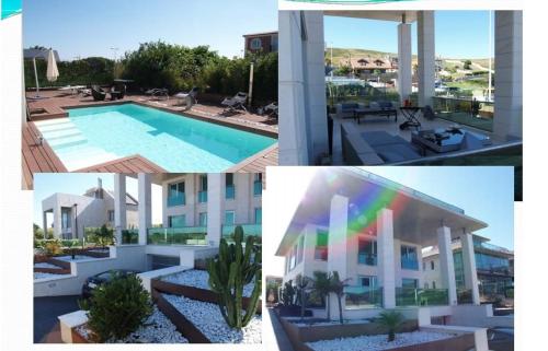 a collage of pictures of a building and a swimming pool at Villa Playa San Juan in Soto de la Marina