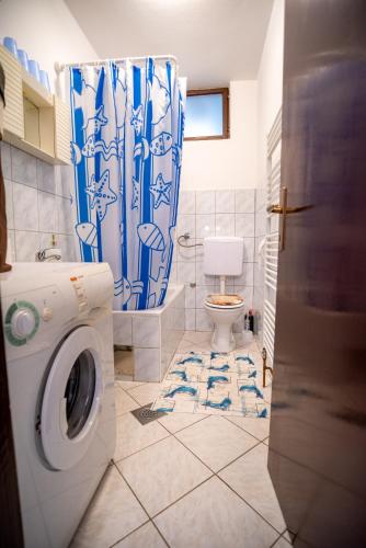 a bathroom with a washing machine and a toilet at Apartments Fuma in Otočac