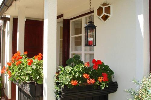 two flower boxes on the side of a house with flowers at Villa Lindwurm in Klagenfurt