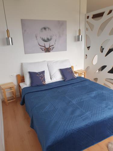 a bedroom with a blue bed with blue sheets at Apartament Panorama in Jeżów Sudecki