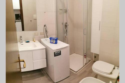 e bagno con servizi igienici, lavandino e doccia. di Appartamento Residence Castel Carlotta a Levico Terme