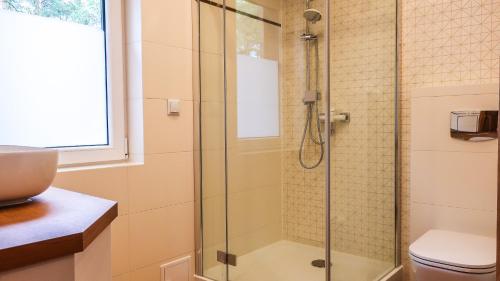 La salle de bains est pourvue d'une douche en verre et de toilettes. dans l'établissement Domek Nad Wodą, à Majdan Sopocki