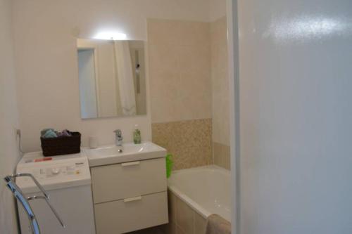a bathroom with a sink and a bath tub and a sink at Spacious Flat Garden&Parking 5min Basel Tram Bus Airport in Saint-Louis