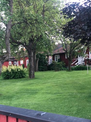 a yard with a red house and trees at Rådstugugatan 32 in Nora