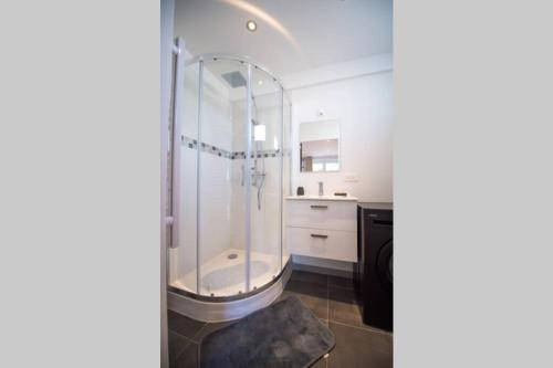 une salle de bain avec douche et lavabo dans l'établissement 4 couchages Climatisé Direct Plage wifi parking, à Antibes