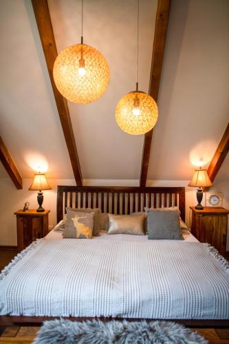 a bedroom with a large bed with two lights at Hacienda na Orave in Novoť