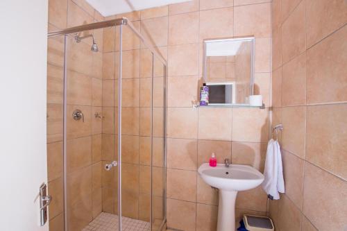 a bathroom with a shower and a sink at Prestigious Apartments in Fourways