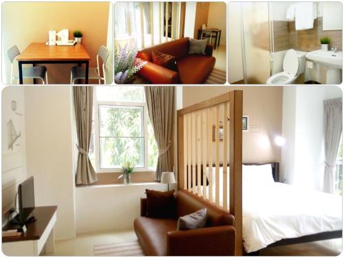 un collage di tre foto di una camera d'albergo di Wealth 30th a Bangkok