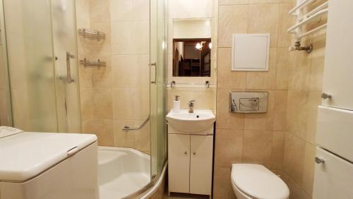 een badkamer met een toilet, een wastafel en een douche bij Apartament Orzysz "Żabi Staw" in Orzysz