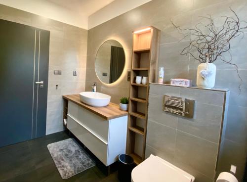 a bathroom with a sink and a mirror at Apartmány DOME in Doksy
