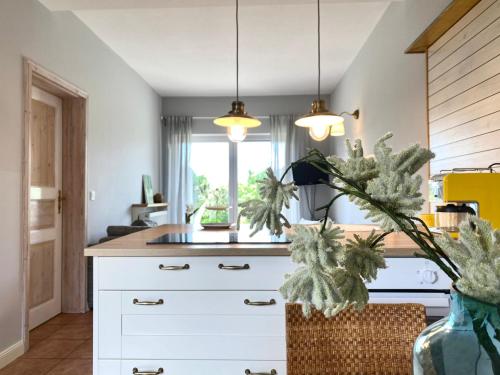 a kitchen with white cabinets and two pendant lights at Apartmenthaus Lütt Meer in Ludorf