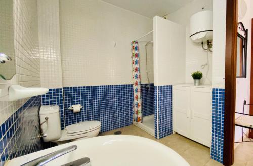 a bathroom with a white toilet and blue tiles at Casa Josefa 1 in Caleta de Sebo