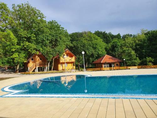 a swimming pool in front of a house with trees at Lisine smeštaj Vodopad in Strmosten
