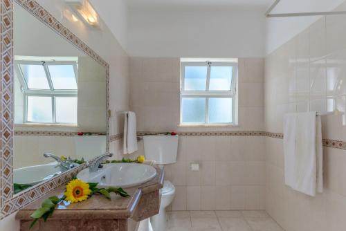 a bathroom with a sink and a toilet and a mirror at Palm Villa Estudios in Lagos
