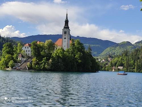 a church on an island in the middle of a lake at Hacienda Bled Rooms in Bled
