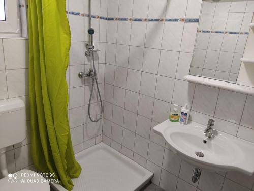 a bathroom with a shower and a sink at Hacienda Bled Rooms in Bled