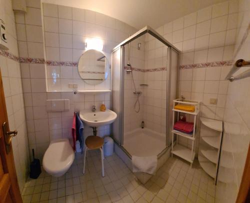 a bathroom with a shower and a sink at Schickebude-Steinhude-1-400m-zum-naechsten-oeffentlichen-Wasserzugang-5-Minuten-zur-Badeinsel-ruhige-Lage-mit-schoenem-Aussenbereich in Steinhude