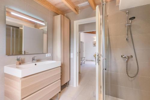 a bathroom with a sink and a shower at Finca Son Palanca in Sineu